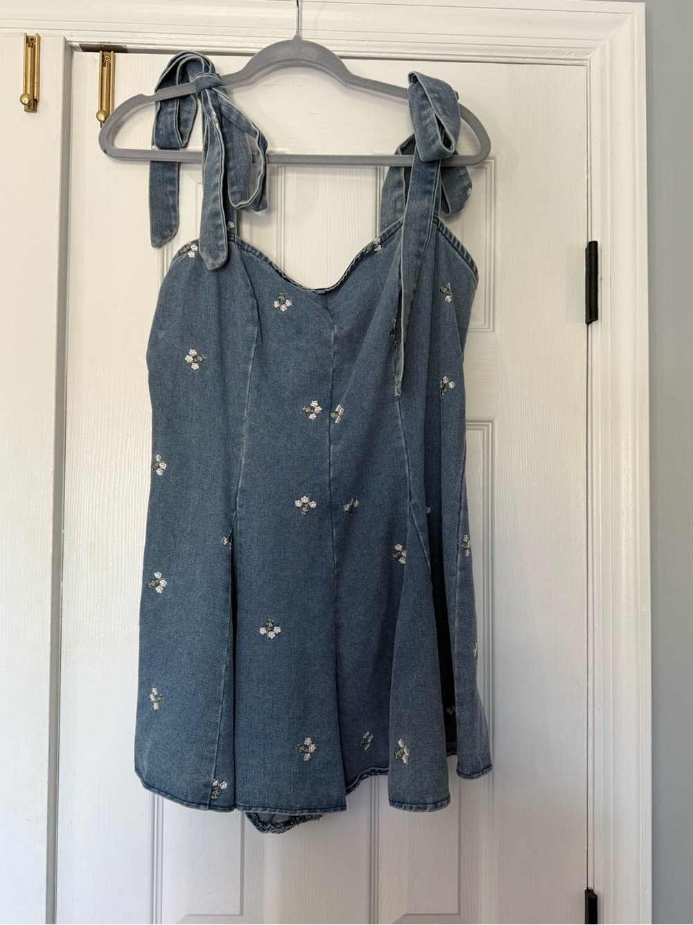 Altar'd State Blue Denim Tie-Shoulder Dress with White Floral Embroidery